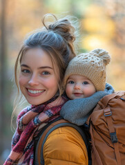 Obraz premium Mother and baby enjoying a nature hike in autumn
