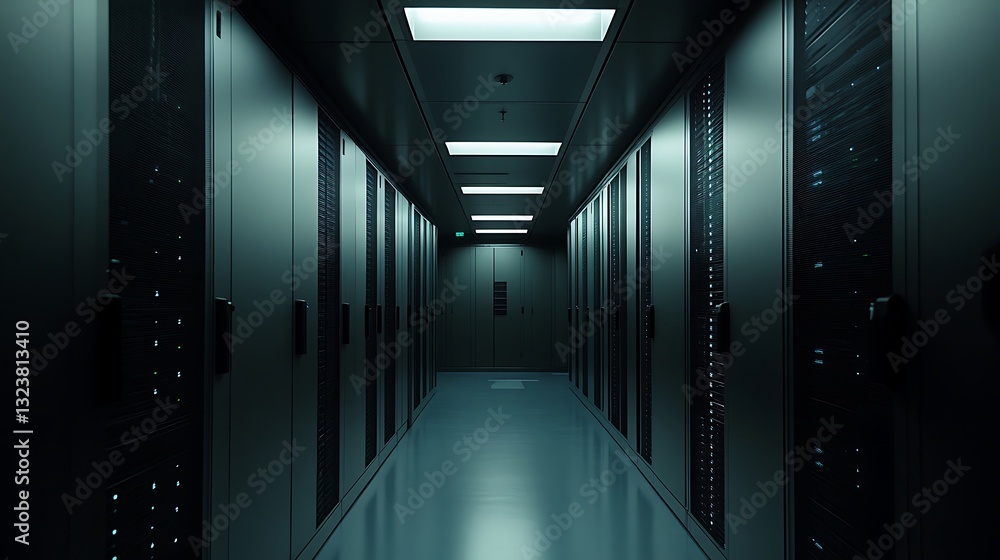 Poster server room data center: rows of rack servers in a dark, futuristic facility for cloud computing and