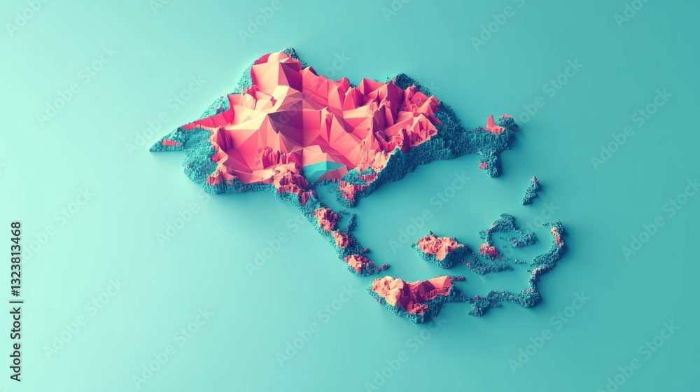 Aufkleber abstract three dimensional landscape design with geometric polygonal shapes in red and teal color on