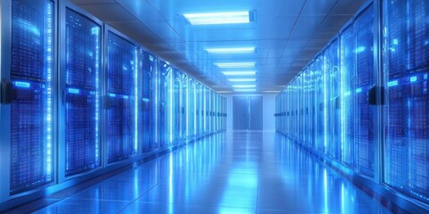 High-Performance Data Server Room with Modern Networking Infrastructure and Blue Neon Lighting