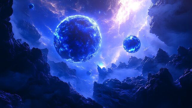 Spectacular Blue Planets and Nebula Landscape: A Stunning Deep Space Scene for Sci-Fi Enthusiasts.