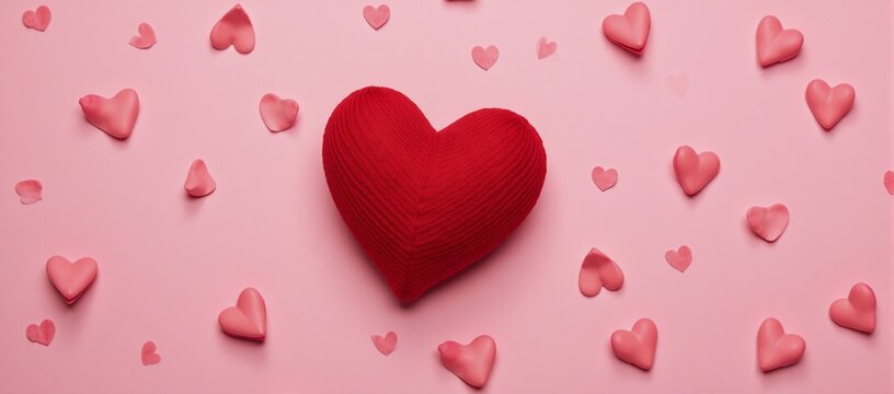 Romantic red love-heart pattern Valentines Day themed illustration with cute pink heart details on a romantic background