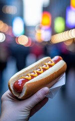 Delicious Hot Dog with Ketchup and Mustard Held Against a Colorful Street Background