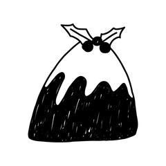 Hand drawn Christmas pudding in cute doodle style, vector illustration isolated on white background. Christmas cake dessert in sketch outline line art.