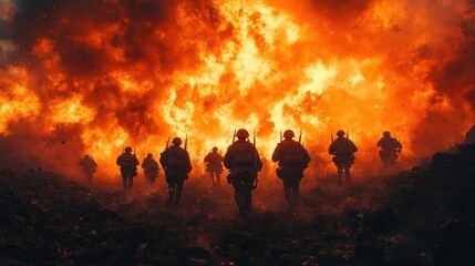 Fototapeta premium World War II Battlefield Soldiers in Combat with Explosions and Dramatic Lighting