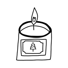 Cute hand drawn candle jar, doodle vector illustration isolated on white background. Black and white outline of winter candle.