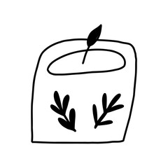 Cute candle in jar, hand drawn outline vector illustration isolated on white background. Home decor design element in doodle style.