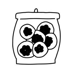 Cookies in jar, hand drawn outline vector illustration isolated on white background. Cute drawing of sweet food in doodle style.