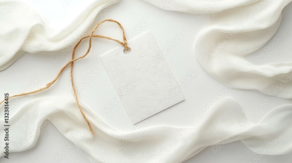 Poster white blank tag on elegant fabric background with string, minimal design concept.