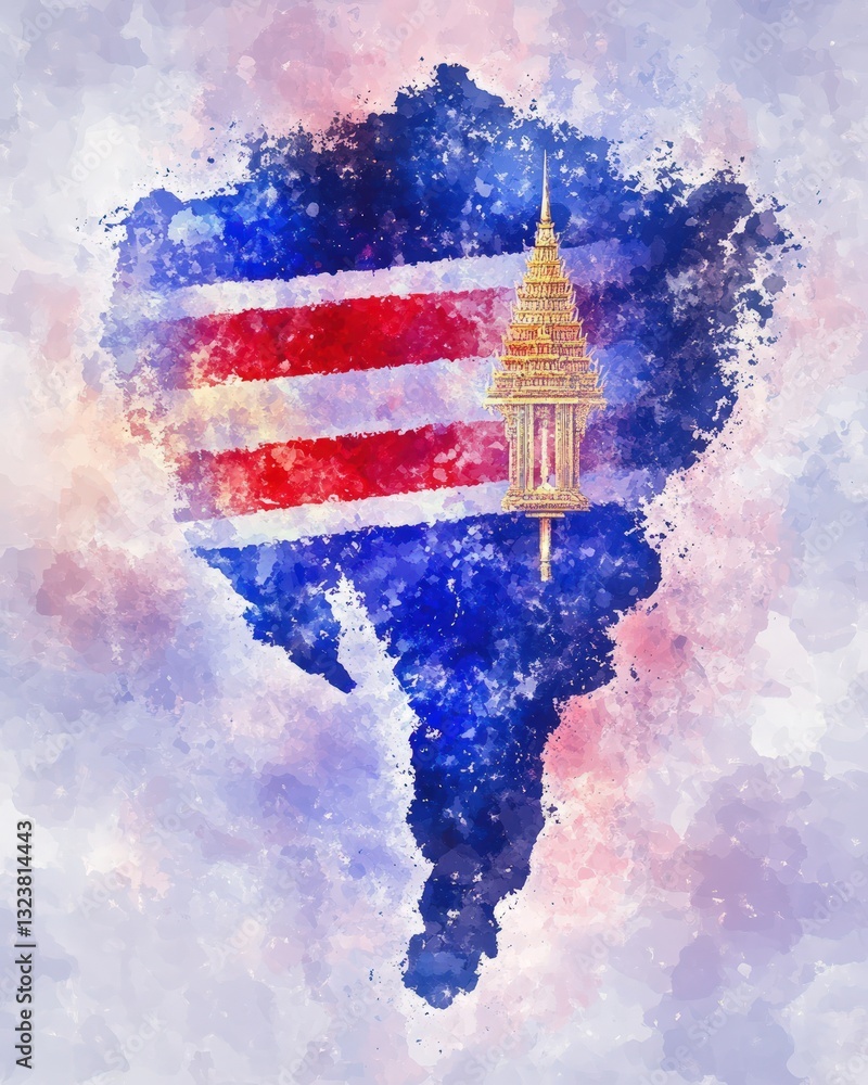 Poster abstract watercolor illustration featuring a map outline with a distinctive design and a golden deco