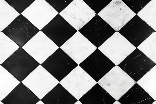 Seamless checkerboard floor black and white checkered marble floor tiles arranged in a diagonal pattern.