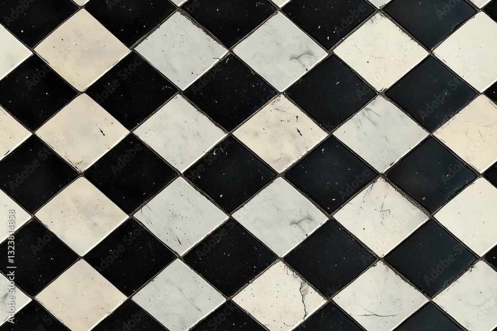 Poster seamless checkerboard floor black and white checkered tile pattern, creating a diamond shape design.