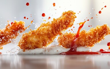Extra crispy chicken tenders with ketchup and mayo splashes, on a gradient silver-to-white background