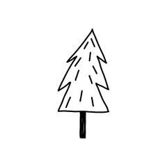 Hand drawn Christmas tree, cute doodle style, vector illustration isolated on white background. Cartoon fir tree in outline. Winter nature.