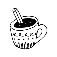 Hand drawn cup of coffee with cinnamon stick, cute doodle vector illustration isolated on white background. Hot winter drink.