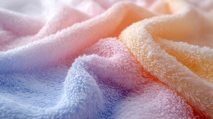 A symphony of pastel hues, a soft, fluffy towel cascade in a neat, organized pile, inviting relaxation and tranquility in the sanctuary of a cozy bathroom atmosphere.