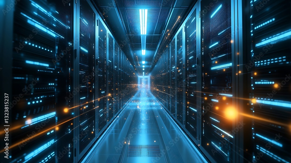 Poster futuristic data center server room: high-tech information technology infrastructure with glowing lig