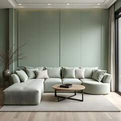 Elegant Luxury Living Room with Bright Spacious Design and Light Green Micro-Cement Walls, Stylish Furniture Set for Modern Living.