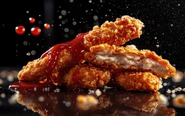Extra crispy chicken tenders with ketchup and mayo splashes, on a gradient pearl white-to-onyx black background