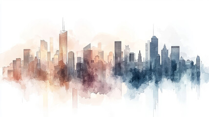 Watercolor cityscape featuring a skyline of skyscrapers, capturing the urban essence with a serene and atmospheric feel.