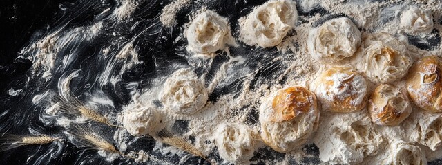 Homemade fresh baked breads with flour and ears on a black background. Top view with copy space.