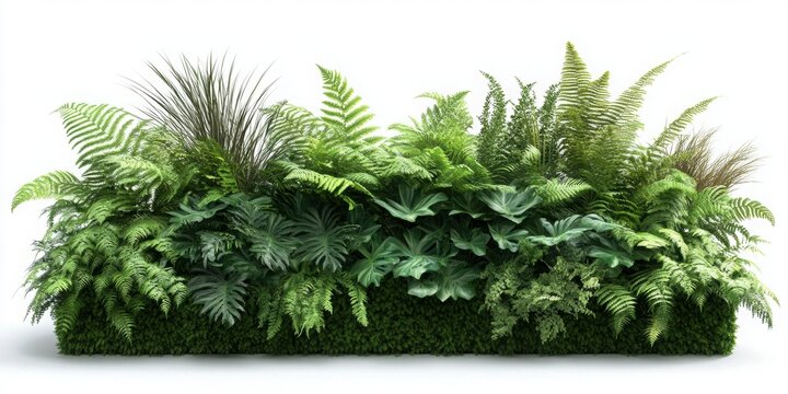Lush Planter Oasis: A vibrant display of assorted green plants and ferns thrive within a rectangular planter box. Displaying verdant textures, forms and shadows of the plants with diverse foliage.