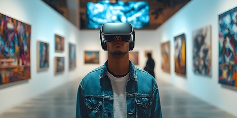 a person wearing VR glasses in an art museum, with colorful paintings displayed on the wall.