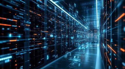 Data Center Server Room: High-Tech IT Infrastructure with Advanced Network Technology and Powerful Computing Performance for Cloud Services.