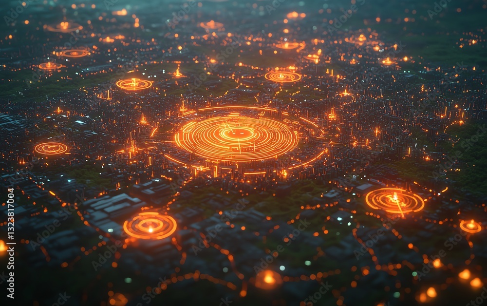 Aufkleber aerial perspective of land with glowing network markers showing key points of development and connec
