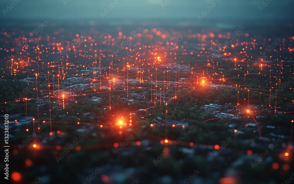 Aufkleber aerial perspective of land with glowing network markers showing key points of development and connec