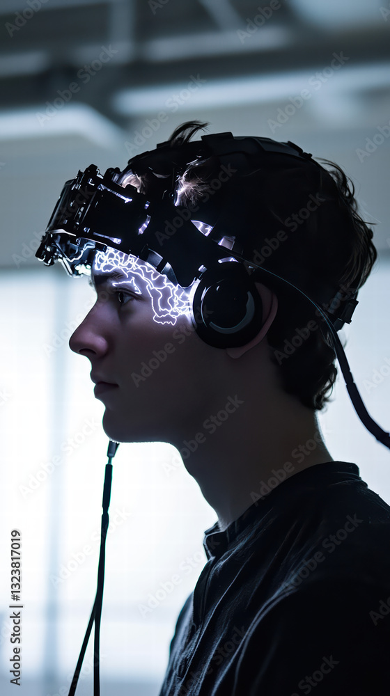 Poster mind interface: young man wearing a futuristic neural interface headset, glowing brainwave patterns 
