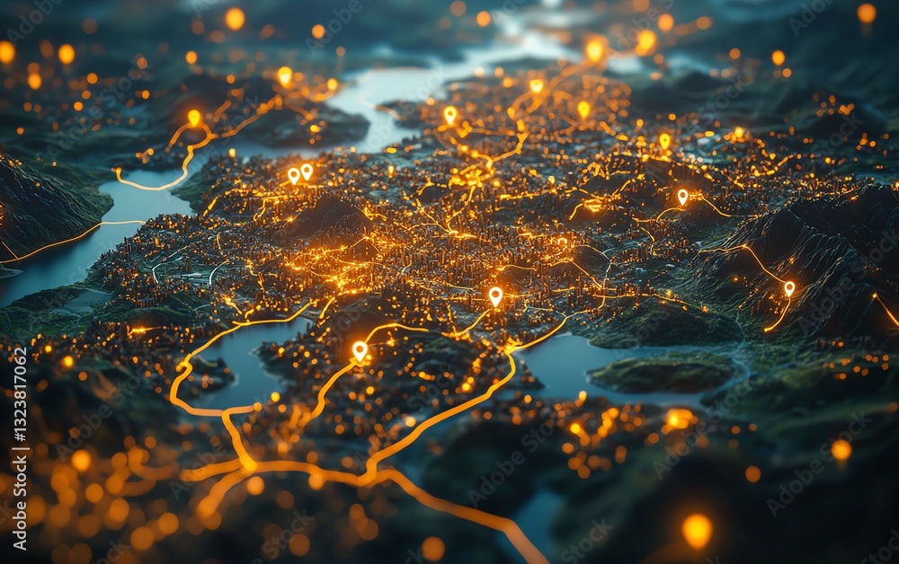 Aufkleber aerial perspective of land with glowing network markers showing key points of development and connec