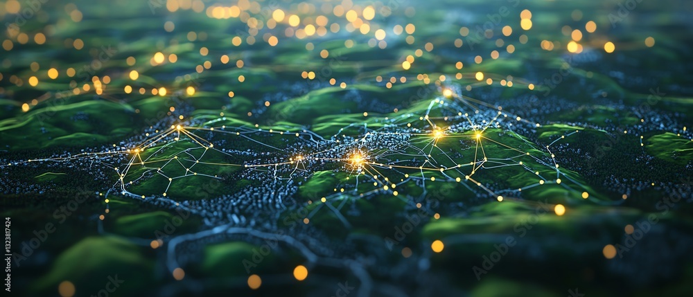Poster aerial view showing land development with interconnected network markers symbolizing connectivity an