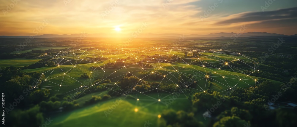 Poster aerial view showing land development with interconnected network markers symbolizing connectivity an