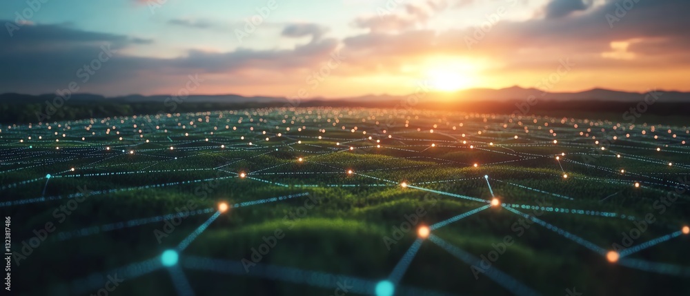 Poster aerial view showing land development with interconnected network markers symbolizing connectivity an