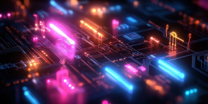High Speed Data Transfer Circuit Board Design with Neon Glow and Cyberpunk Aesthetic