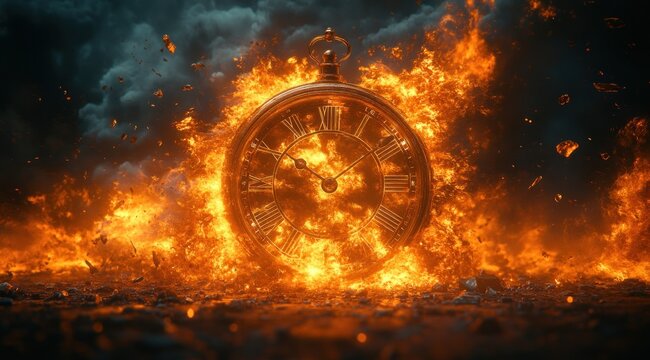 Exploding Vintage Clock in a Cosmic Firestorm of Time and Space