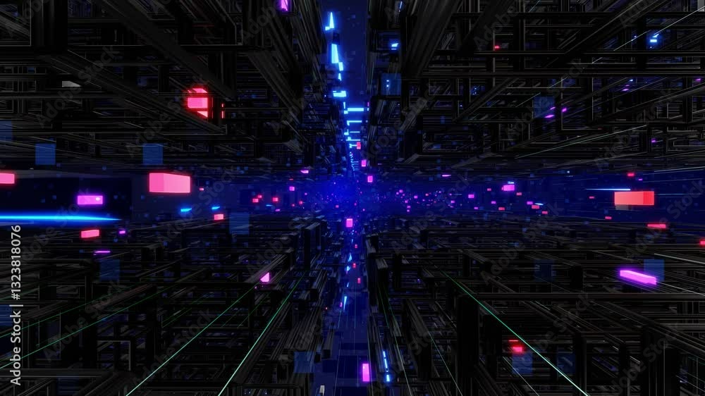 Poster tunnel with neon light. sci-fi bg fly through tech digital space. concept of hi-tech information flo
