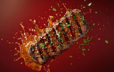 Gourmet New York strip steak, herb sauce splashes, on a rustic red-to-deep brown gradient background