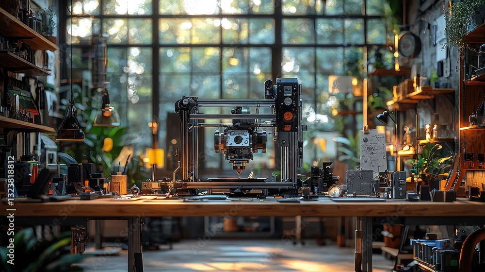Poster precision engineering: a modern 3d printer in a refined workshop setting