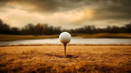 Vintage sepia toned image capturing the aged grandeur and storied history of a renowned golf course featuring a well worn golf ball and timeworn wooden tee in the immediate focus