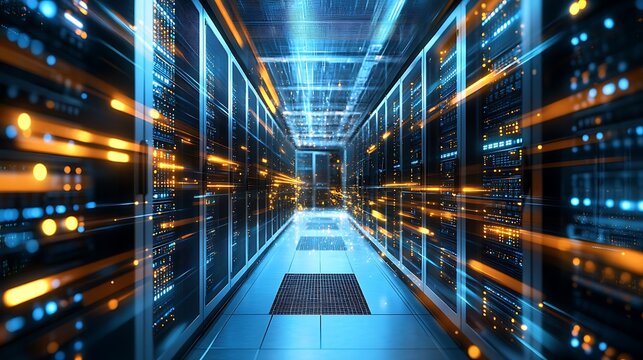 Modern Data Center Server Room with Streaming Data and Futuristic Design for Technology Solutions.