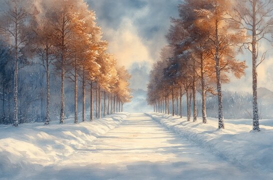 Winter Pathway with Snowy Willow Trees in Watercolor - Powered by Adobe