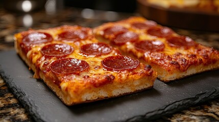 Two Slices of Classic Pepperoni Pizza Resting on a Slate Plate, Ready to Be Enjoyed.