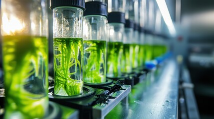 Bioengineered algae absorbing light in high-fidelity laboratory environment extreme closeup view