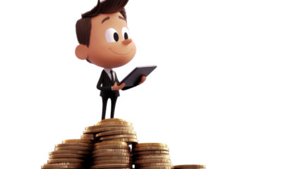 a cartoon character in a suit stands confident isolated on white background