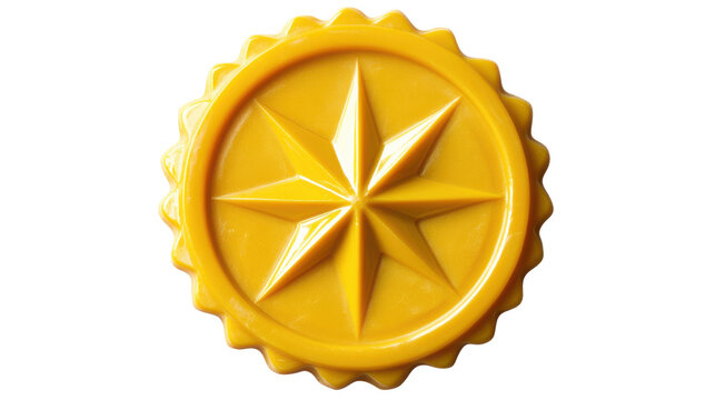 a bright yellow seal featuring a central star isolated on white background