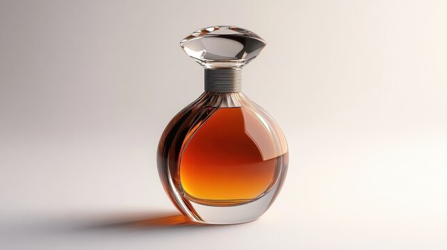 A sleek, amber perfume bottle, its delicate curves hinting at the luxurious elixir it held, stood poised against a pristine white background, a testament to the artistry of fragrance design.