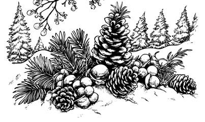 Winter pinecones and foliage in snowy forest, flat icons set, vector.