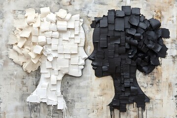 Abstract artwork featuring opposing profiles in contrasting color schemes